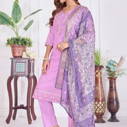 SHOPLANCE Women Ethnic Motifs Embroidered Regular Thread Work Pure Cotton Kurta with Trousers & With Dupatta image 3