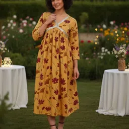 Maaesa Women Floral Printed Gathered or Pleated Cotton Fit & Flare Midi Dress-picture-31