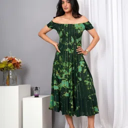 IQRAAR Women Tie and Dyed Off-Shoulder Smocked Tiered Fit & Flare Midi Dress-image-46