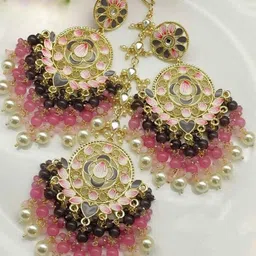 Gyaan Jewels Stone Studded & Beaded Maang Tika and Earrings-image-55