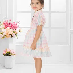 SNAZZYGIRL Multi Colored Checked Puff Sleeve Fit & Flare Dress image 5