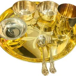 m&v craft pure Pack of 7 Brass Brass LESAR THALI Set, Suitable for Dining and Gifting Purpose Dinner Set-picture-16