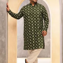SOJANYA PLUS Ethnic Motifs Printed Band Collar Ikat Straight Kurta With Pyjama-picture-9