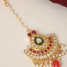 flying beads Women Gold-Plated Ethnic Brass Kundan Studded Maang Tikka Head Jewellery image 1