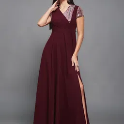 Miss Chase Embellished V-Neck Slits Detail Sequined Flared Gown Maxi Dress image 3