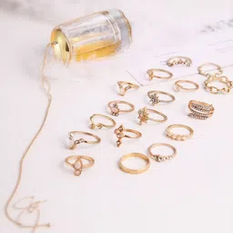 DressBerry Set Of 17 Gold-Plated American Diamond-Studded Finger Rings-image-54