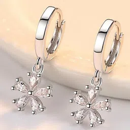 MYKI Silver-Plated Stainless Steel Cubic Zirconia Stone Studded Floral Hoop Earrings-image-19