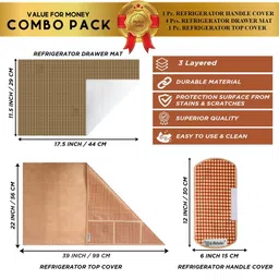 E-Retailer 6Pc Brown & Beige Checked Waterproof 3-Layered Refrigerator Covers With Pockets image 5