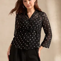 Outzidr Women Black Printed Lapel Collar & Drawstring Top image 3