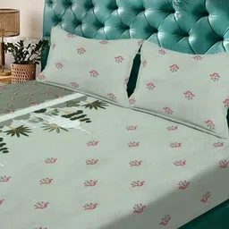 KLOTTHE Green Floral Printed 300 TC Double Bedsheet Set - 2.70 x 2.70 m image 2