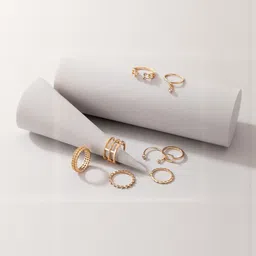 TheVineGirl Set Of 8 Gold Plated Crystals Stone Studded Textured Finger Rings-picture-16