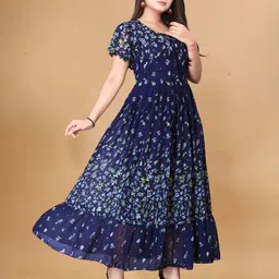 KRISHTI CREATION Floral Print Puff Sleeve Georgette Fit & Flare Maxi Dress image 5