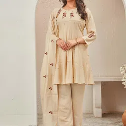 TWINS LADY Women Floral Embroidered Regular Thread Work Chanderi Silk Kurta with Trousers & With Dupatta image 4