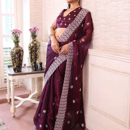 Mitera Floral Embroidered Sequined Pure Chiffon Saree image 3