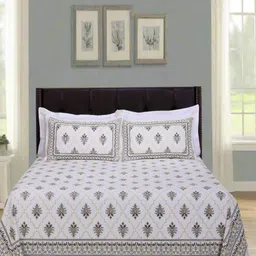 SHAHENAZ Grey & White Floral 120 TC Queen Bedsheet with 2 Pillow Covers-picture-36