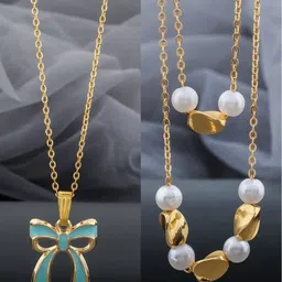 Birado Jewellery Set Of 2 Stainless Steel Gold Plated Artificial Beaded Minimal Chains-picture-39