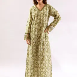 FEATHERS CLOSETWomen Olive Green Dazzel Floral Pure Cotton Night Maxi-image-22