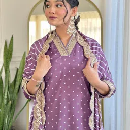 KALINI Women Bandhani Embroidered Empire Thread Work Kurta with Trousers & With Dupatta image 3