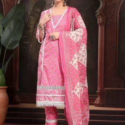 Anouk Women Floral Printed Regular Pure Cotton Kurta with Trousers & With Dupatta image 2