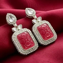 TESSARA Silver-Plated Kundan And Artificial Stones Studded Geometric Shaped Drop Earrings image 4