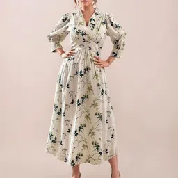 Zink London Multi-Colored Tropical Print 3/4th Sleeves Cotton Fit & Flare Midi Dress image 4