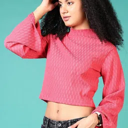 LIMEROAD Self Design Flared Sleeves Crop Top-picture-25