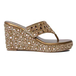 ERIDANI Women Embellished Ethnic Open Toe Wedge Heel Sandals image 5