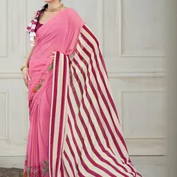 Garden Vareli Striped Printed Border Pure Georgette Saree with Blouse Piece image 2