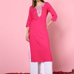 Anouk Rustic Pink Ethnic Motifs Embroidered Thread Work Round Neck Straight Kurta-picture-17