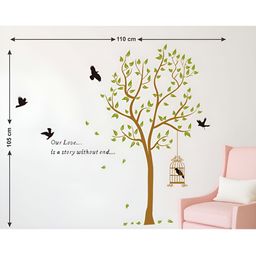 LANSTICK Brown & Green Tree With Birds One Cage Self Adhesive Wall Sticker-picture-14