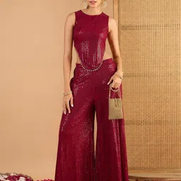 Shae by SASSAFRAS Embellished Sequinned Round Neck Crop Top With Palazzos-image-67