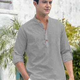 Navkanj Band Collar Roll-Up Sleeves Cotton Straight Short Kurta-picture-14