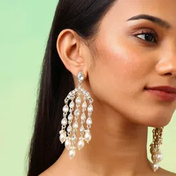 Priyaasi Gold-Plated Kundan Stone Studded & Beaded Teardrop Shaped Tasselled Drop Earrings-picture-37