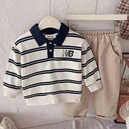 INCLUD Boys Striped Polo Collar Pure Cotton T-Shirt With Trousers-picture-46