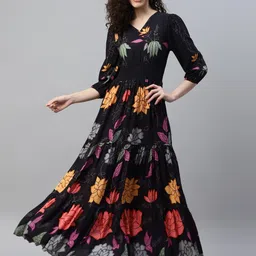 Raiyani Fashion Women Floral Print V-Neck Smocked Fit & Flare Maxi Dress-picture-32