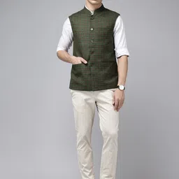 ColorPlus Checked Textured Mandarin Collar Nehru Jacket image 3