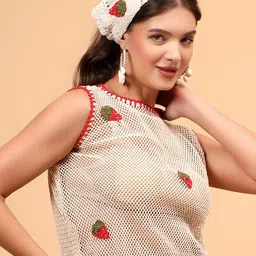 Velvery Women Crochet Mesh Strawberry Cotton Top-image-98