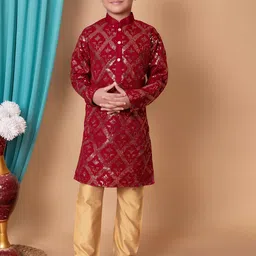 NFC CREATION Boys Ethnic Motifs Embroidered Regular Sequinned Dupion Silk Kurta with Pyjamas-picture-33