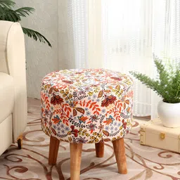 NACIA Beige & Orange Floral Printed Round Shape Wooden Ottomans image 3