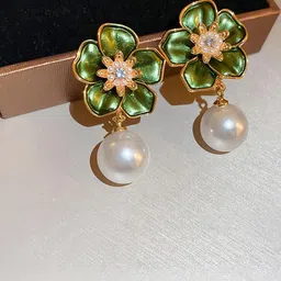 AKISON JEWELS Women Green & White Floral Alloy Earrings-picture-13