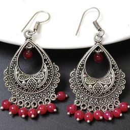 FASHION EMPIRE Oxidised Silver Plated Chandelier Red Colour Earring-picture-31