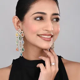 Anvik Gold-Plated Artificial Stones Studded And Beaded Teardrop Shaped Drop Earrings image 3