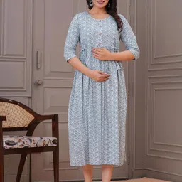 RILAKE Women Printed Maternity Fit-Flare Midi Dress-picture-13