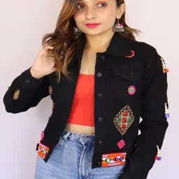 Prijam Women Spread Collar Solid Lightweight Ethnic Denim Jacket-picture-29