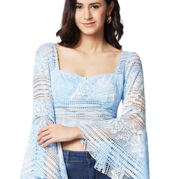 IZEL Women Tie and Dye Sweetheart Neck Bell Sleeve Crochet Crop Top-image-45