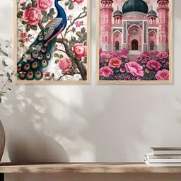 Kotart Brown & Pink 2 Pieces Peacock & Mahal Printed Wooden Wall Arts-picture-22