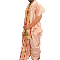 Exotic India Ready to Wear Dhoti and Veshti Set with Woven Golden Border image 2