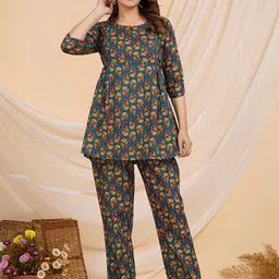 SAME FIT Printed Round Neck Pure Cotton Top With Trousers Co-Ords-picture-40