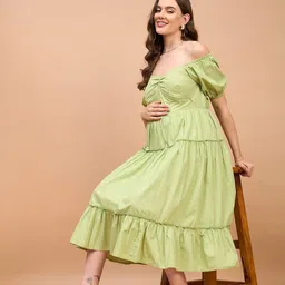 Shades of Sabi Off-Shoulder Puff Sleeve A-Line Midi Maternity Dress image 5