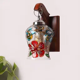 Devansh Red & Blue Textured Wooden Glass Bell Shaped Shaped Wall Lamp image 4